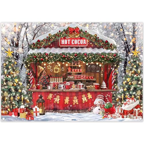 Fabric 7x5ft Christmas Hot Cocoa Bar Photography Backdrop Candy Shop Winter Snowman Scene Xmas Tree Chocolate Background Kids Family Party Decorations Photo Props - size: 7'x5'