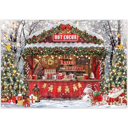 Fabric 7x5ft Christmas Hot Cocoa Bar Photography Backdrop Candy Shop Winter Snowman Scene Xmas Tree Chocolate Background Kids Family Party Decorations Photo Props - size: 7'x5'