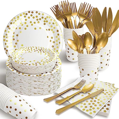 AIRE 175PCS White and Gold Paper Plates Party Supplies for 25 Guests Disposable Decorations Dinnerware Golden Dot Paper Plates Napkins Cups Gold Plastic Forks Knives Spoons for Mothers Day Birthday - color: 175PCS White and Gold