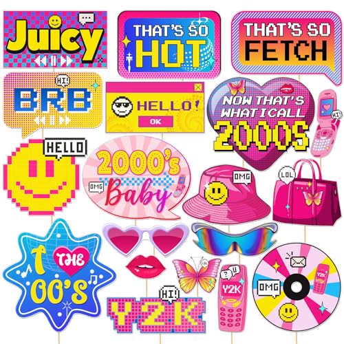 Y2K Photo Booth Props, Pink/Girls Party Favors for Birthday Female Bachelorette Vintage Retro 2000s 1990s Party Decor 19Pcs