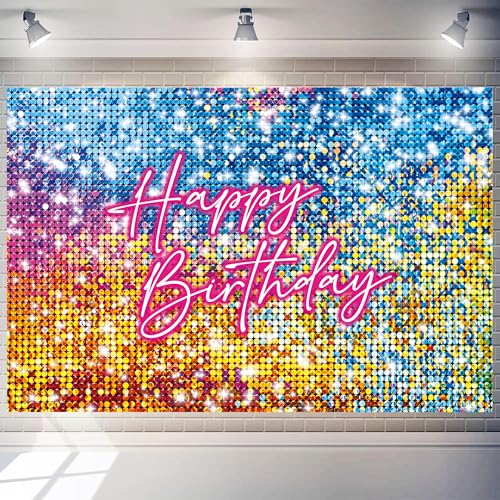 6 x 4 ft Colorful Backdrop Birthday Background for Women Princess Neon Sequin Square Shimmer Decoration for Anniversary Party (Non-Glowing Brilliant Design) - color: PINK-BIRTHDAY, size: 6*4 ft