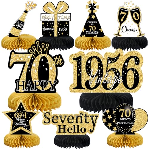 9Pcs 70th Birthday Decorations Honeycomb Centerpieces for Men Women, Black Gold Happy 70th Birthday Centerpieces Tables Toppers Party Decorations Supplies,Vintage 1956 Aged Table Sign Decor - color: Black Gold 70th