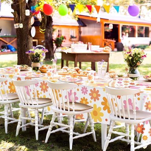 Groovy Party Supplies Daisy Groovy Tableware Set Serves 24 Include Boho Daisy Tablecloth Hippie Tableware Set for Boho Hippie Retro Birthday Baby Shower Party Decor