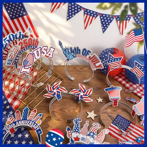 Blosssound 16 Pcs 250th Anniversary USA Headband 250th USA Patriotic Party Favor Gift Paper Head Bopper Independence Day Headwear Dress up 4th of July Party Costume Accessories Photo Prop Decor Supply - style: 4th of July