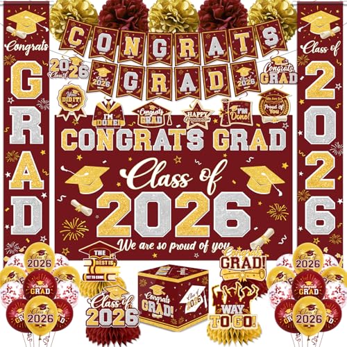 Graduation Decorations Class of 2026 Maroon and Gold Graduation Decorations with Congrats Grad Banner,Backdrop,Porch Sign,Balloons,Hanging Swirls,Honeycomb Centerpieces,Box for Graduation Party Decor - color: Maroon