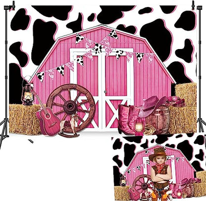 8x6ft Pink Barn Door Western Cowgirl Backdrop Cow Print Straw Barn Door Wood Background Western Country Farm Cow Girl Women Birthday Party Photo Booth Prop - size: 240x180cm(WxL)