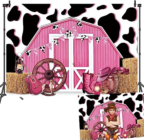 8x6ft Pink Barn Door Western Cowgirl Backdrop Cow Print Straw Barn Door Wood Background Western Country Farm Cow Girl Women Birthday Party Photo Booth Prop - size: 240x180cm(WxL)
