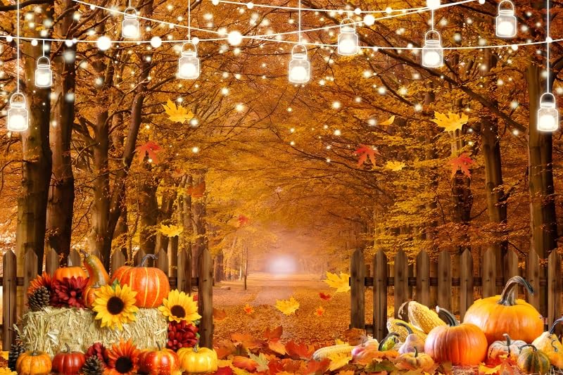 Fall Thanksgiving Backdrop for Photography 10x8ft Autumn Forest Maple Leaves Pumpkin Wood Fence Haystack Photo Backdrop Farm Harvest Thanksgiving Party Background Decor Kids Adult Photo Props
