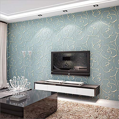 Q QIHANG Modern Minimalist Embossed 3D Rose Flower Non-Woven Wallpaper Light Blue Color Non-self Adhesive Wallpaper 0.53m x 10m=5.3㎡ - color: Light Blue