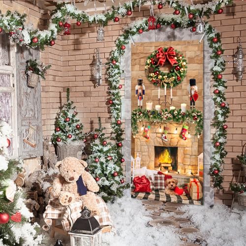 Buryeah Christmas Door Cover Decoration Christmas Fireplace Door Cover Xmas Nutcracker Banner Backdrop Photo Booth Prop Background for Winter Xmas Holiday New Year Party 6.5 x 3 Feet(Bright) - style: Bright