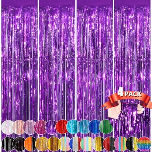 Purple Metallic Tinsel Foil Fringe Curtains, 4 Pack 3.3x8.3 Feet Party Streamer for Birthday Party Decorations, Halloween Decor, Foil Curtain for Bachelorette Party - color: Purple, size: 4 Pack
