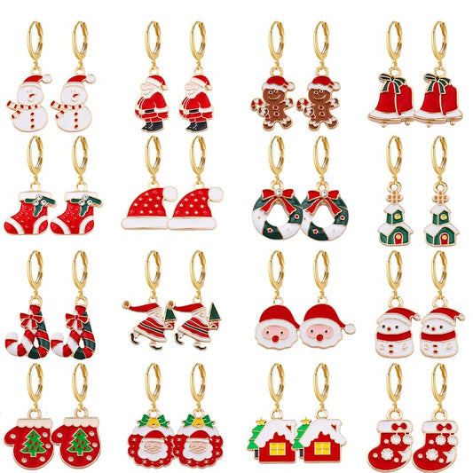 16 Pairs Christmas Reindeer Santa Hoop Earrings for Women Unique Winter Xmas Tree Snowflake Bow Bell Snowman Penguin Earrings Christmas New Year Jewelry Gifts - style: Snowman
