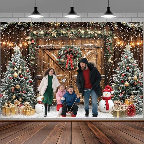 6x4ft Winter Christmas Photography Backdrop Rustic Wooden Barn Door Kids Photography Backdrop Farmhouse Xmas Tree Family Party Decor Photo Backdrops Snowflake Brown Photo Booth Props Background - color: Multi4, size: 6X4ft