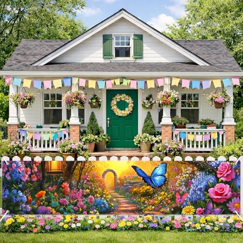 BlissYard Spring Floral Garden Banner 78x17 Inches Butterfly Garden Path Banner Front Door Patio Fence Wall Photo Backdrop Spring Summer Outdoor Party Decoration Seasonal Garden Sign Backdrop - color: Spring Decorations Banner #003, size: 78 x 17 Inch