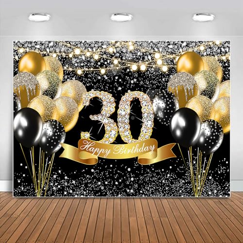 Sensfun Happy 30th Birthday Backdrop Men Black and Gold Birthday Party Decorations Glitter Balloons Photography Background for Womens Fabulous 30 Bday Sign Supplies Thirty Years Old Cake Banner 7x5ft - color: Black and Gold Diamond 30 Birthday, size: 7X5f