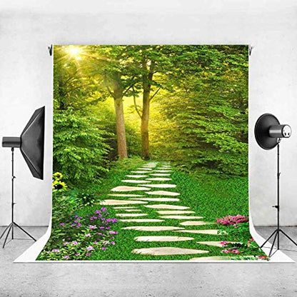 5x7ft Spring Scenery Backdrop Forest Path Sunshine Flower Photography Background Natural Scenery Photo Shoot Props Portrait Pet Photo Photography Backdrop BJLXVV171 - size: 5x7ft