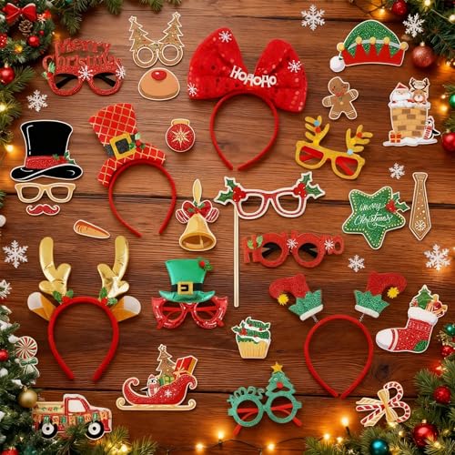 Qenk 45 PCS Christmas Photo Booth Props with Headbands Glasses Frames for Women Adults Christmas Party Supplies, DIY Photography Props Decorations Accessories