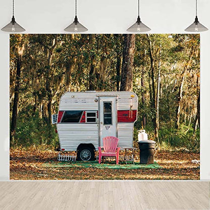Camp Party Camping Backdrop, 8x6FT, Sunny Forest Camper Trailer Nature Scenery Photography Background Studio Photo Prop BJLU83 - size: vinyl-8x6ft