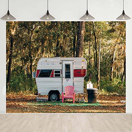 Camp Party Camping Backdrop, 8x6FT, Sunny Forest Camper Trailer Nature Scenery Photography Background Studio Photo Prop BJLU83 - size: vinyl-8x6ft