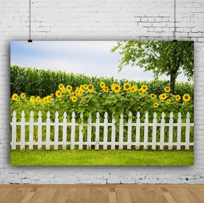 Leyiyi Spring Natural Scenery Backdrop 5x4ft Photography Backdrop Blossoming Yellow Sunflowers Tall Lush Tree White Wooden Textured Fence Family Children Baby Girl Personal Portraits Studio Props - size: 5x4ft