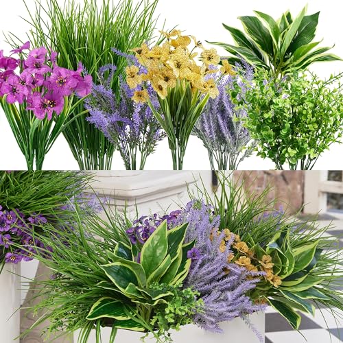25Pcs Outdoor Artificial Boxwood UV Resistant Fake Stems Plants, Faux Plastic Greenery for Indoor Outside Hanging Plants Garden Porch Window Box Home Wedding Farmhouse Décor - color: Lavender