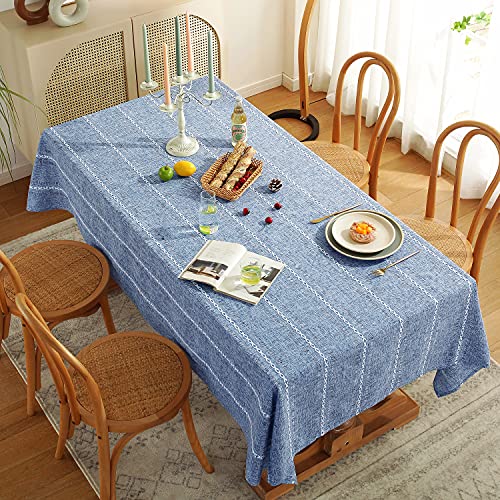 Chassic 60 x 84 inches Farmhouse Style Linen tablecloths, Wrinkle Resistant Washable Dining Room Table Cloths for Rectangle Tables - Hemstitch Blue - color: Hemstitch Blue, size: 84" x 60" (Rectangular)