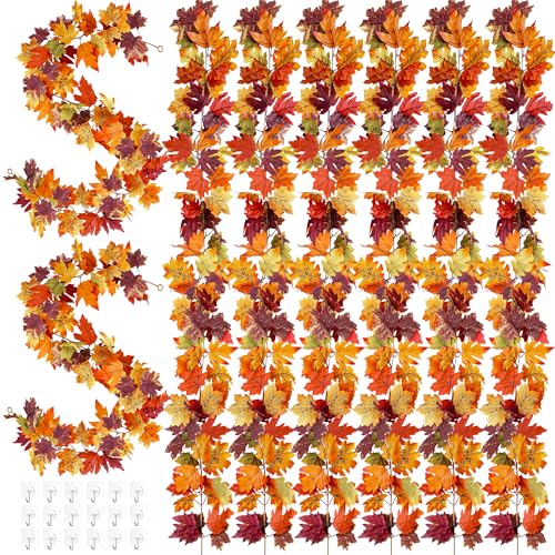 Helimoto 8 Pack Fall Mantle Garland, 47.2 FT Fall Garland, Artificial Maple Outdoor Autumn Leaves Garlands, Hanging Fall Decorations for Home Thanksgiving Decor Wedding Party Wall Fireplace Mantle - color: Dark Brown, size: 8 Pcs
