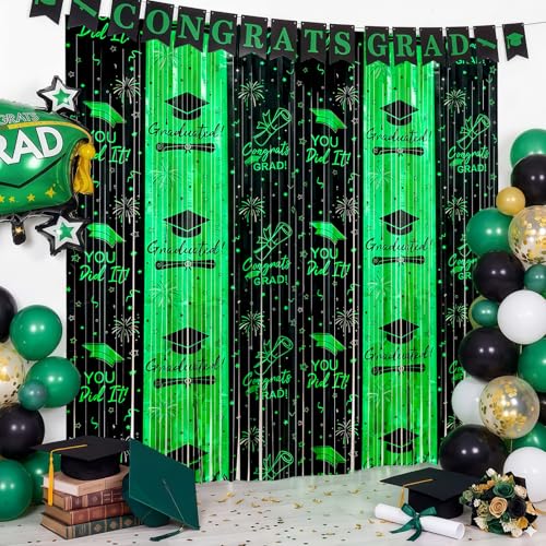3pcs 2026 Graduation Decorations Black and Green Class of 2026 Party Supplies - 9.9ft X 6.6ft Fringe Curtain Graduation Backdrop and Balloons Kit for College High School Photo Booth - color: Green，black