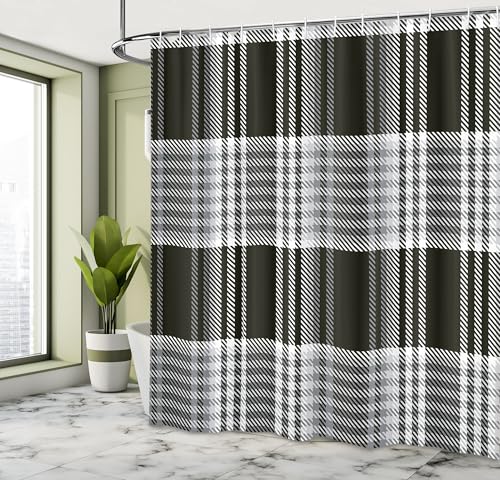 Ambesonne Plaid Shower Curtain, Monochrome Artwork of Traditional Tartan Motives in Achromatic Colors, Cloth Fabric Bathroom Decor Set with Hooks, 69" W x 70" L, Off White Charcoal Grey - color: Off White Charcoal Grey, size: 69" W x 70" L