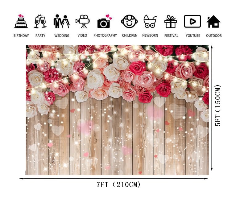 7x5ft Rustic Floral Wooden Wall Backdrop Wall for Women Family Photography Background Rose Flower Wooden Party Decoration for Birthday, Wedding, Baby Showers Valentine’s Day Photo Booth Props - size: 7x5ft