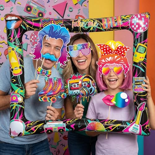 80s Inflatable Photo Frame & Props, 30Pcs Back to The 80s Photo Booth Props with Inflatable Selfie Picture Frame for 1980s Throwback Birthday Party Supplies - color: 80s