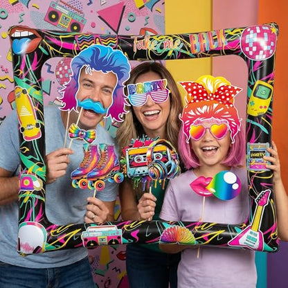 80s Inflatable Photo Frame & Props, 30Pcs Back to The 80s Photo Booth Props with Inflatable Selfie Picture Frame for 1980s Throwback Birthday Party Supplies - color: 80s