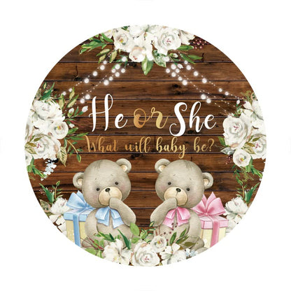 Yeele 7x7ft Bear Gender Reveal Round Backdrop He or She What Will Baby Be White Floral Rustic Wooden Photography Background for Pregnancy Reveal Baby Shower Party Decoration Banner Photo Props
