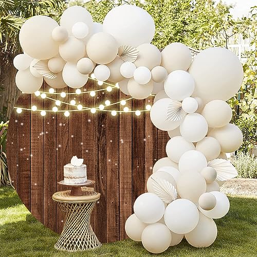 6x6ft Glitter Rustic Wood Round Backdrop Brown Wooden Texture String Lights Circle Photography Background for Baby Shower Birthday Wedding Bridal Shower Party Banner Photo Booth Props - size: 6x6ft-Diameter