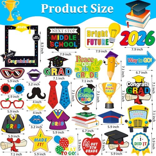 31pcs 5th Grade Graduation Photo Booth Props, 5 TH Grade Grad Photo Props for 2026 Elementary School Grads Party Decorations Primary School Grad 5th Graduation Party Supplies