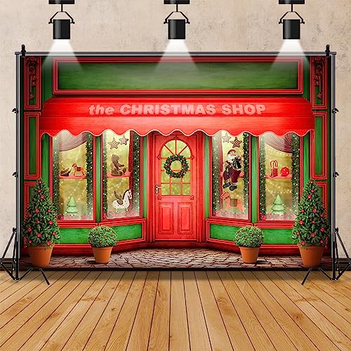 AOFOTO 15x10ft Red Christmas Shop Backdrop Front Door of Xmas Display Window Santa's Toy Store Photography Background Holiday New Year Party Banner Kids Baby Child Adult Portrait Photo Studio Props - size: 15x10ft