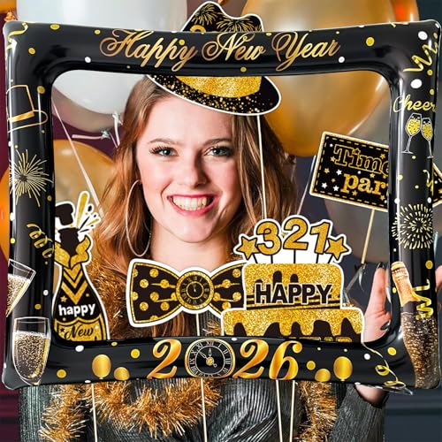 2026 New Year Photo Booth Inflatable Frame Kit, 30Pcs New Years Photo Booth Props with Inflatable Picture Frame Black Gold Decorations for New Year Eve Party Selfie Props Supplies - color: Black Gold
