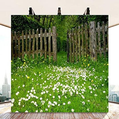 AOFOTO 8x8ft Spring Garden Daisy Flower Backdrop Rustic Wood Fence Summer Meadow Photography Background Forest Wonderland Grass Florets Country Hiking Suburbs Picnic Girl Boy Scouts Photo Studio Props - size: 8x8ft