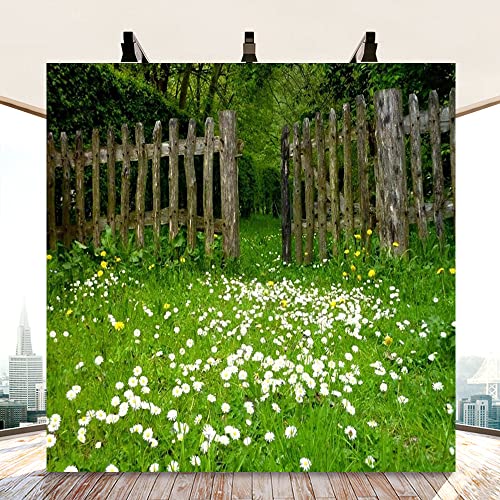 AOFOTO 10x10ft Spring Garden Daisy Flower Backdrop Rustic Wood Fence Meadow Photography Background Forest Wonderland Grass Florets Country Hiking Suburbs Picnic Girl Boy Scouts Photo Studio Props - size: 10x10ft
