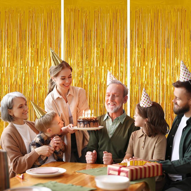 Valentines Day 3 Pack 3.3 * 8.3 ft Foil Curtain Metallic Tinsel Fringe Curtains Photo Booth Props Backdrop for Birthday Wedding Engagement Baby Shower Christmas Holiday Celebration Partyl,Gold - color: Gold, size: 3 Pack