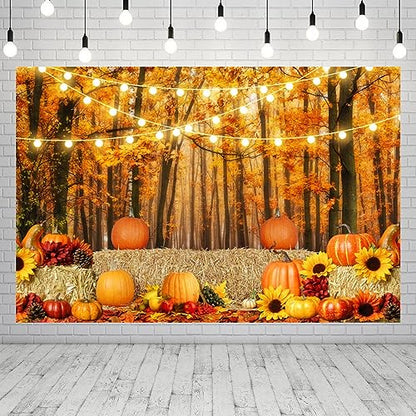 Thanksgiving Fall Backdrop for Photography 10x8ft Maple Forest Pumpkin Hay Photo Backdrop Autumn Thanksgiving Harvest Photoshoot Background Kids Baby Adult Fall Theme Party Birthday Banner - color: NSW09651