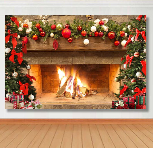 Lofaris Christmas Fireplace Backdrop Winter Xmas Tree Colorful Festive Decorations Brick Backgrounds Interior Vintage Merry Christmas Eve Party Banner Decorations 9x6ft - size: 9x6ft