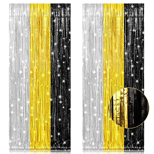PIGETALE, 2 Pack 3.2x8.2 Feet Silver Black and Gold Tinsel Foil Fringe Curtains Streamers Backdrop for Bridal Baby Shower Wedding Engagement Birthday Graduation Bachelorette Holiday Party Decorations - color: Black, Silver and Gold