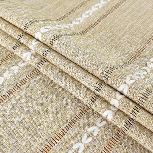 NEWISHER Rustic Farmhouse Embroidered Small Rectangle Tablecloth, Jacquard Striped Table Cloth Washable Fabric Dining Table Cover for Nightstand, Bedside Table, End Table (15x35 Inch), Yellow - color: Almond Buff, size: 35" x 15" (Rectangular)