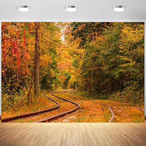 5x3ft Fall Backdrop Autumn Scenery Mountain Railway Photography Background Tree and Yellow Fall Leaves View Decorations Portraits Supplies Wallpaper Photo Studio Props - color: Dark-yellow, size: 5x3ft