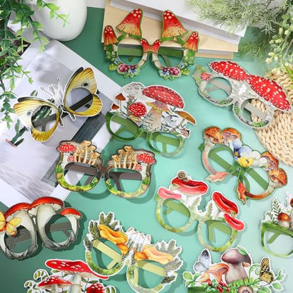 Pajean 36 Pcs Enchanted Forest Party Decorations Mushroom Themed Eyeglasses Wild Mushrooms Paper Glasses Photo Booth Props Frame Favors for Woodland Shower Birthday Party Decor Supplies - style: Mushroom
