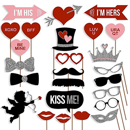 27 Pcs Valentine's Day Photo Booth Props Selfie Photobooth Props Mustache Heart Lips Eyeglasses Shape for Valentine's Day Wedding Bridal Party Supplies