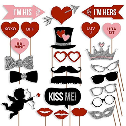 27 Pcs Valentine's Day Photo Booth Props Selfie Photobooth Props Mustache Heart Lips Eyeglasses Shape for Valentine's Day Wedding Bridal Party Supplies