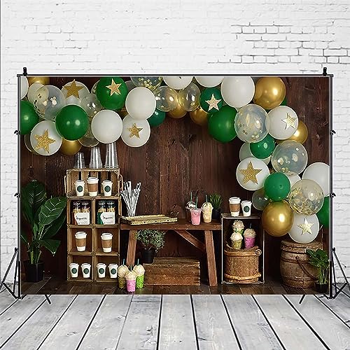 Coffee Photography Backdrop Rustic Brown Wood Coffee Shop Backdrop Balloons Coffees Ice Cream Party Background Balloon Stars Photography Background Kids Portrait Decor Backdrop Photo Studio Prop,8X6FT