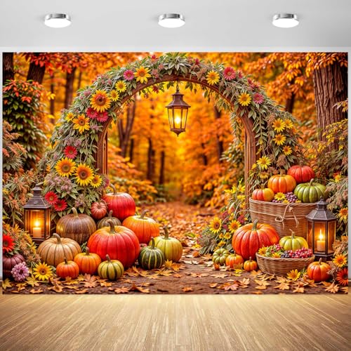 20x10ft Fall Thanksgiving Photography Backdrop Autumn Pumpkin Harvest Forest Arch Background with Sunflowers, Maple Leaves & Lanterns for Family Photoshoot, Photo Booth Props & Party Decorations - color: Fall02, size: 20x10ft